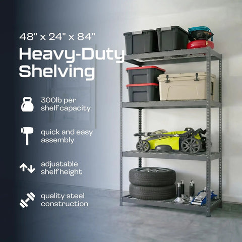Heavy Duty Steel Garage Shelving Unit, 24X48X84 Industrial Storage Rack With 300 LB Max Load Per Shelf, Hammertone Finish, Rock Solid Badass Organization System