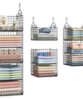 6 Tier Hanging Closet Organizer Dope Space Saving Shelf System With Foldable Shelves And Adjustable Dividers Stackable Or Separable Use Great For Shirts Sweaters Socks Hats Dolls Handbags And More Black - displayed with folded clothes and toys