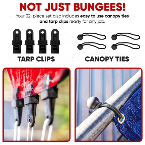 Tarp clips and canopy ties in All Purpose Bungee Cord Set 32 Pack With 10 18 24 32 40 Inch Cords And 8 Inch Canopy Tarp Ball Ties