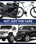 Motorcycle, bicycle, off-road vehicle, and SUV showcasing versatility of Auto Paint Touch Up Pen For Scratches And Chips, Fresh Gloss Black Finish, 30ML Quick Dry Automotive Scratch Repair For Wheels, Doors And Body, Non Toxic, Easy To Use, Rust Protection, Fast Cure In Minutes.