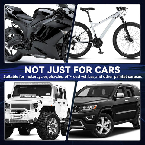 Motorcycle, bicycle, off-road vehicle, and SUV showcasing versatility of Auto Paint Touch Up Pen For Scratches And Chips, Fresh Gloss Black Finish, 30ML Quick Dry Automotive Scratch Repair For Wheels, Doors And Body, Non Toxic, Easy To Use, Rust Protection, Fast Cure In Minutes.