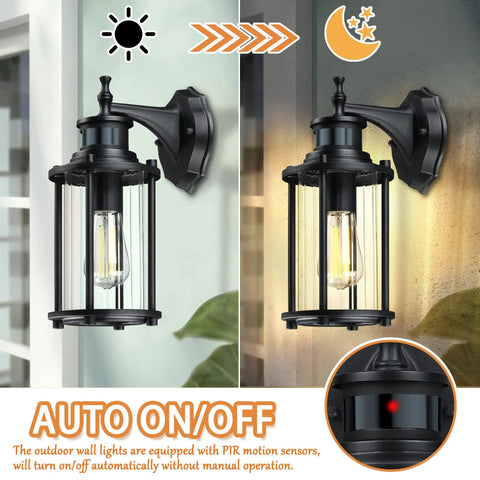 Motion Sensor Outdoor Wall Lights 12.5 Inch Dusk To Dawn Waterproof Matte Black Sconce With Ribbed Glass Shade And E26 Socket