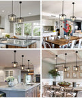 Black Farmhouse Kitchen Island Pendant Light With Metal Cage And Clear Glass Shade Giving Off Cozy Warm Vibes Over Dining Tables in Kitchen and Dining Rooms