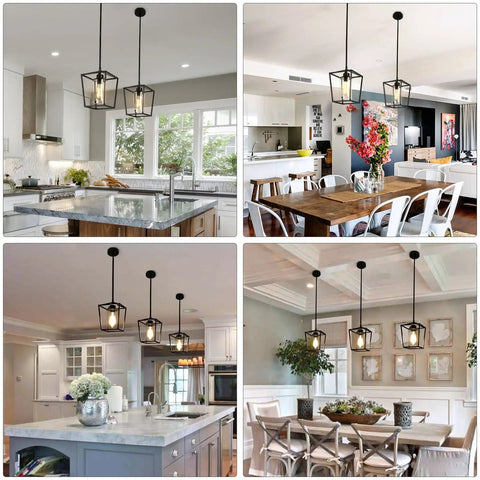 Black Farmhouse Kitchen Island Pendant Light With Metal Cage And Clear Glass Shade Giving Off Cozy Warm Vibes Over Dining Tables in Kitchen and Dining Rooms