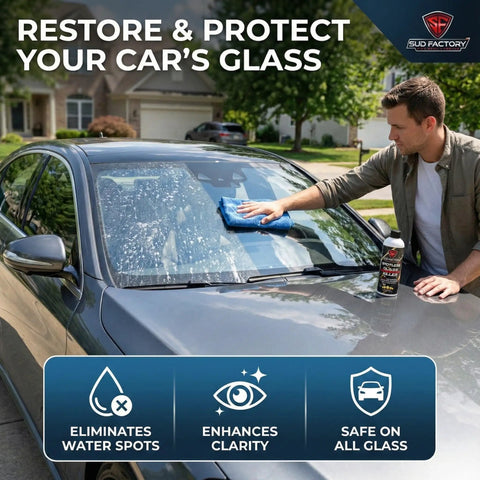 Person using Hard Water Spot Remover For Glass Spotless X2 No Scrubbing Easy On Shower Doors Car Windows And Windshields Professional