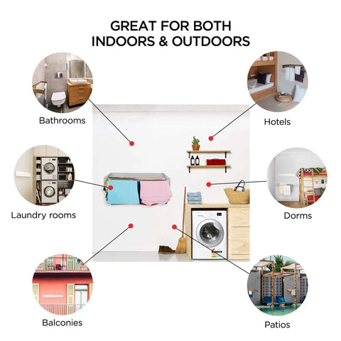 Wall Mounted Retractable Laundry Drying Rack With Wood Look Finish 40 Inch Wide Space Saving Clothes Dryer in various settings.