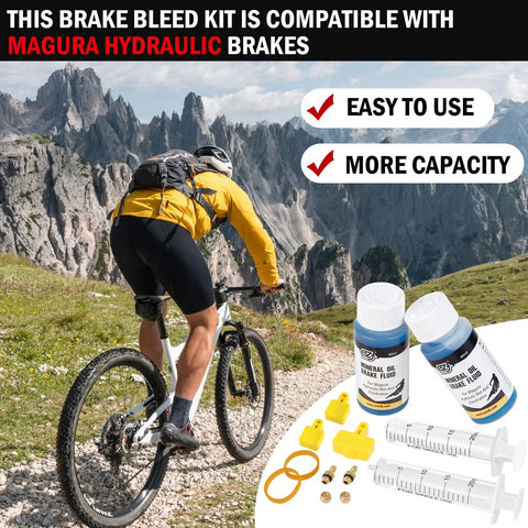 Cyclist on mountain trail with Magura Hydraulic Brake Bleed Kit including 120ml mineral oil, two syringes, adapters.