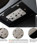 Close-up of Outdoor Wall Sconce With Built In GFCI Outlets showing outlets, safety features, ETL certification
