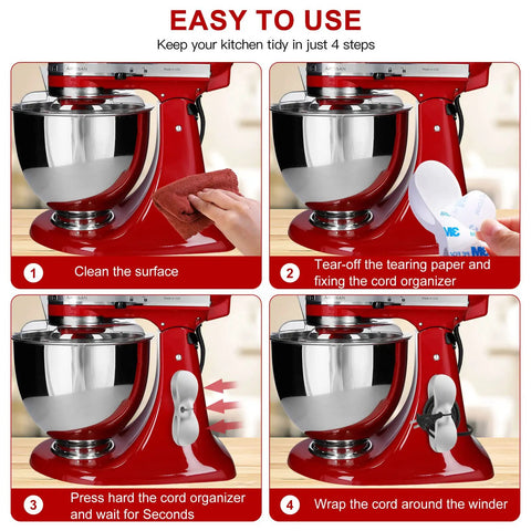 Step-by-step installation of Three Pack Cord Organizer For Kitchen Appliances Stick On Cord Holder on a red mixer.