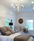 Bedroom with chandelier using 60W Equivalent LED Filament Candelabra Bulbs E12, Daylight White 5000K, 550 Lumens, Clear Glass