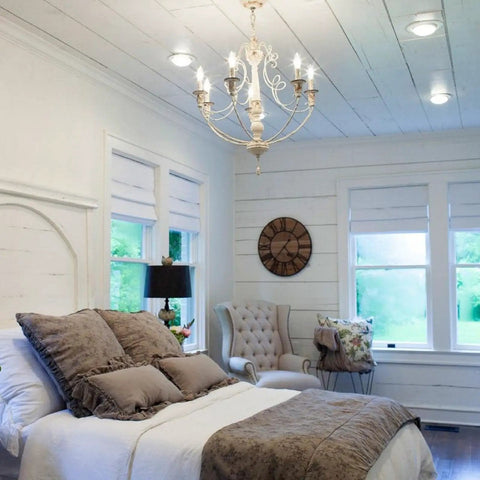 Bedroom with chandelier using 60W Equivalent LED Filament Candelabra Bulbs E12, Daylight White 5000K, 550 Lumens, Clear Glass