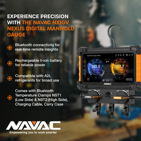 NX1GV Nexus 2 Digital Manifold Gauge With 2 Valve Kit And Vacuum Gauge, Wireless Temperature Clamps, High Definition Touchscreen, Class 0.4 Accuracy, Supports 100 Refrigerants, A2L Compatible, App Included. digital manifold gauge with wireless clamps and touchscreen
