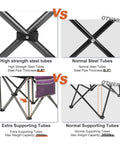 Comparison of high strength steel tubes vs normal, heavy duty high back folding camp chair with cup holder and cooler bag, 350 lb capacity