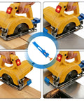 Pro-Grade Bidirectional Circular Saw Guide With Adjustable Base used with electric saws on wood and metal in blue.