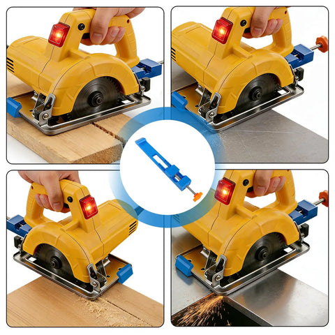 Pro-Grade Bidirectional Circular Saw Guide With Adjustable Base used with electric saws on wood and metal in blue.