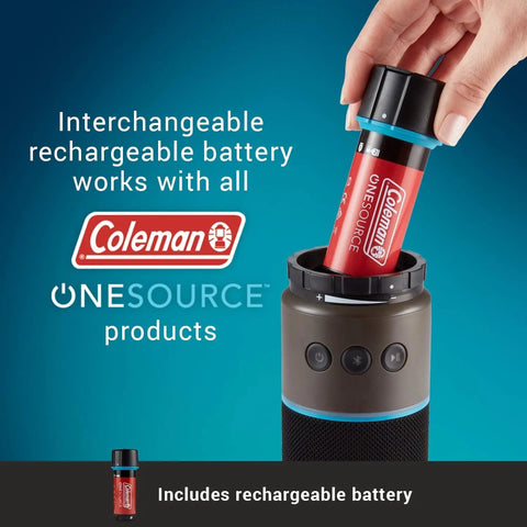 OneSource Rechargeable Camping Gear Set With Camp Shower Cordless Vacuum Portable Fan Bluetooth Speaker And Air Pump Powered By A Single Battery System For All Day Power On The Go shown with interchangeable battery