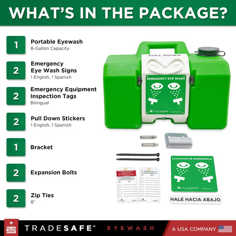 Portable Eye Wash Station 8 Gallon With OSHA ANSI Compliance For Workplace Safety Emergency Eyewash First Aid Kit Durable HDPE Unit Includes Aluminum Eyewash Station Sign And Inspection Tags Ready For Quick Response.