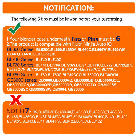Compatibility notification for Replacement Blender Blade For Ninja Fits Nutri Ninja Auto IQ 16 Oz Cup Six Fin Male Blade.