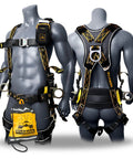 Solid As A Rock Full Body Fall Protection Safety Harness With Cushioned Lumbar Pad multiple D ring attachment points, quick lock buckles, front and back view.