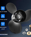 14.5 X 19 Pitch Aluminum Outboard Propeller With Flo Torq Hub Kit Included, 15 Spline, Right Hand Rotation, Replacement For Mercury 135-300HP And Mercruiser Alpha Bravo One, OEM 48-832830A45 displayed with components