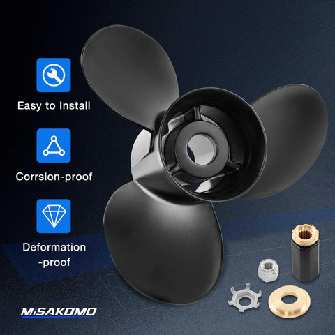 14.5 X 19 Pitch Aluminum Outboard Propeller With Flo Torq Hub Kit Included, 15 Spline, Right Hand Rotation, Replacement For Mercury 135-300HP And Mercruiser Alpha Bravo One, OEM 48-832830A45 displayed with components