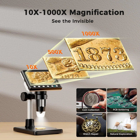 4.3 Inch LCD Coin Microscope With LED Light For Ultra Close Up Mint Mark Details And Surface Texture, Perfect For Coin Collectors, Jewelers, And Watchmakers Seeking Precise Digital Magnification On Small Features. 10X-1000X viewing of a 1873 coin