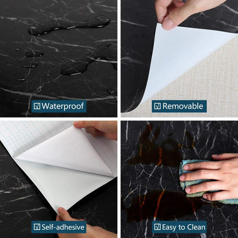 Wide Black Marble Countertop Contact Paper Waterproof Glossy Marble Wallpaper Peel And Stick 32 Inch Wide By 354 Inch Long Self Adhesive Vinyl Film For Kitchen Bathroom Desk Walls Durable Easy Install, showing waterproof and removable features, self-adhesive application, easy to clean.