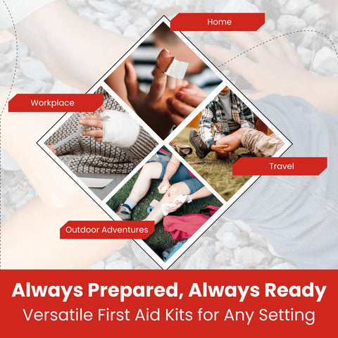 M2 BASICS Mini First Aid Kit bulk multi-pack; 10 kits, 50 pieces per kit (500 total) for car, travel, home.