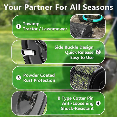 No Brainer 44 Inch Push And Tow Compost Spreader features towing, side buckle, rust protection, and cotter pin design details