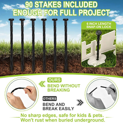 No Dig Plastic Garden Edging Border Kit With 90 Flexible Stakes White Picket Fence Style 50 Ft Lawn Border details