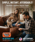 Couple using Brown Leather Repair Tape Kit 2.25 Inch By 15 Foot Realistic Faux Leather Patches on a brown couch with a dog.