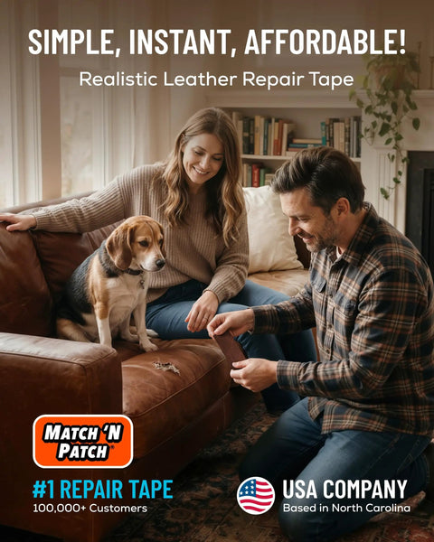 Couple using Brown Leather Repair Tape Kit 2.25 Inch By 15 Foot Realistic Faux Leather Patches on a brown couch with a dog.