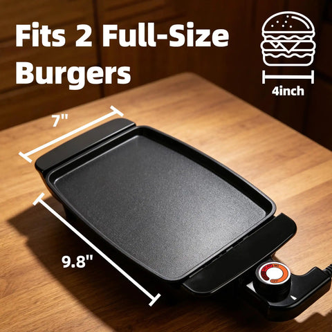 Tiny But Mighty 10 Inch Mini Ceramic Electric Griddle With Adjustable Thermostat 1200W Nonstick Skillet on wooden table