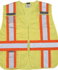 High Vis Legit Class Two Breakaway Safety Vest With Tough Mesh Fabric And No Sweat Side Closures For Serious Job Site Comfort And Bold Dual Reflective Striping Coverage, front view, yellow with orange and silver stripes.