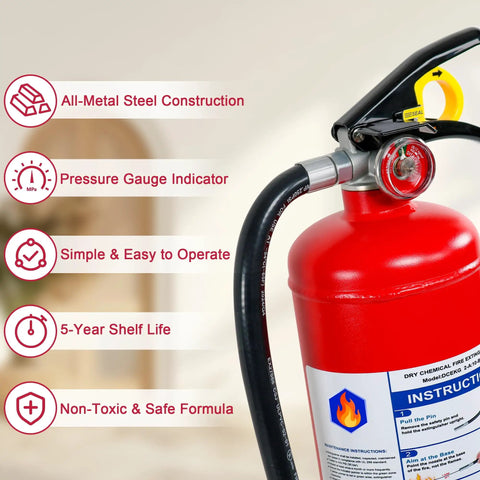 Close-up of a 5 Lb ABC Dry Chemical Fire Extinguisher With Quick Release Handle Rated 2A 10B C showing pressure gauge and hose.