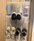 Hassle Free Over The Door Hanging Shoe Organizer Featuring Twenty Four Breathable Mesh Pockets For Sneakers Fresh Kicks And Sandals, displaying size 8.5 shoes.