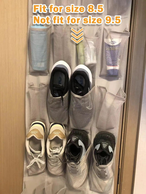 Hassle Free Over The Door Hanging Shoe Organizer Featuring Twenty Four Breathable Mesh Pockets For Sneakers Fresh Kicks And Sandals, displaying size 8.5 shoes.