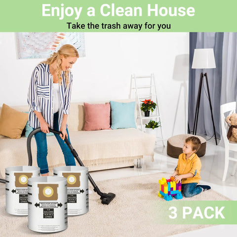 Woman vacuuming carpet near a child with 3 Pack Replacement Disposable Vacuum Bags For 5-8 Gallon Wet Dry Vacuums Type E And Type H