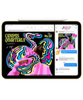 11 Inch iPad With A16 Chip, Liquid Retina Display, multitasking with digital magazine and messaging app visible, Silver