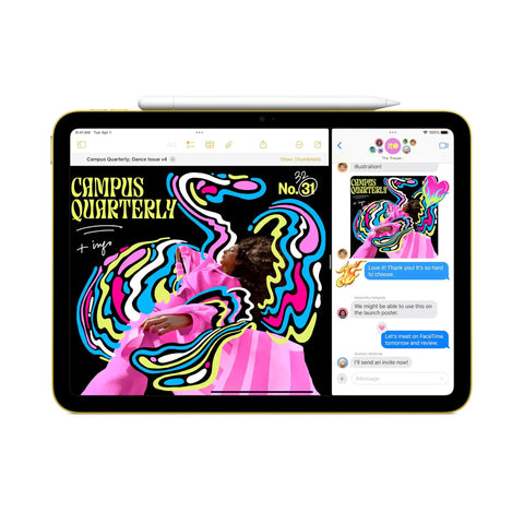 11 Inch iPad With A16 Chip, Liquid Retina Display, multitasking with digital magazine and messaging app visible, Silver