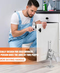 Heavy Duty Stainless Steel Arm Jacks, Set Of Two in use, lifting a cabinet door for installation by a solo worker.