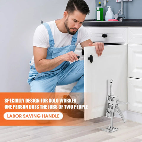 Heavy Duty Stainless Steel Arm Jacks, Set Of Two in use, lifting a cabinet door for installation by a solo worker.