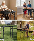 Foldable Camping Table With Waterproof Plastic Tabletop Portable Picnic Table Aluminum Frame Three Height Levels showing various uses