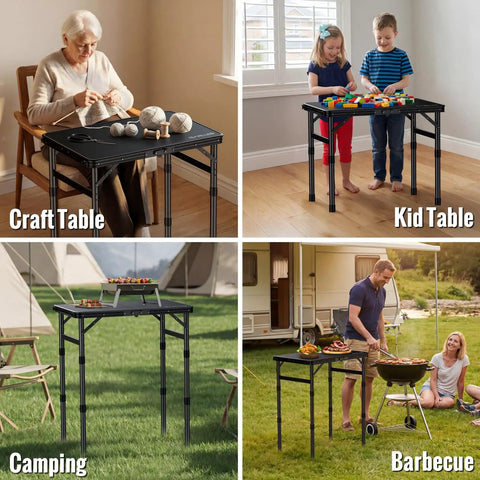 Foldable Camping Table With Waterproof Plastic Tabletop Portable Picnic Table Aluminum Frame Three Height Levels showing various uses