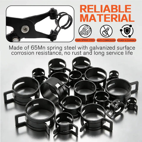 352-Piece Spring Band Hose Clamp Kit For Automotive And DIYers, 15 Sizes From 6 To 25mm, black clamps arranged on surface