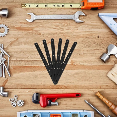 Heavy Duty Stainless Steel L Shaped Shelf Brackets Set Of 6 Black Flat Angle Connectors with tools on wooden background