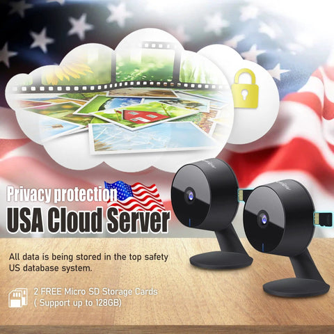 1080P Home Security Camera Kit, 2 Pack With Free SD Cards featuring USA Cloud Server for privacy protection