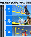 All In One Outdoor Volleyball Net Set For Backyard And Beach Fun with adjustable height poles: 8', 7'8", 7'4" options