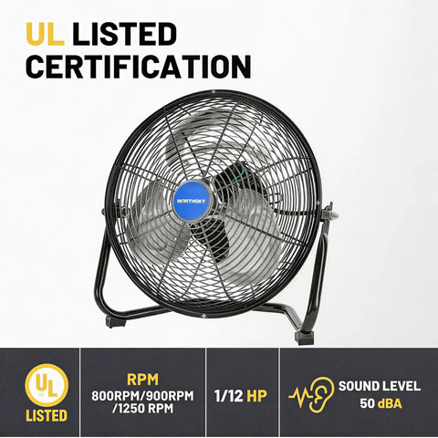 Heavy Duty 12 Inch Metal Floor Fan Built to Last With 3 Speed Powerful Airflow One Twelfth HP Motor Adjustable Tilt Quiet Operation Under 50 dBA Industrial Fan For Home Garage Workshop Warehouse