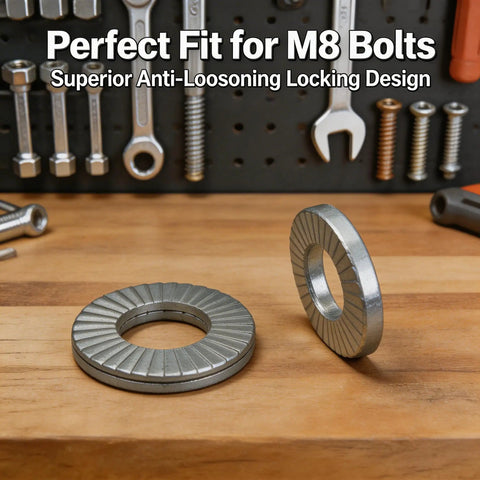 M8 Wedge Lock Washers 50 Piece Kit Rock Solid Anti Loosening Shakeproof Fasteners For Automotive Bolts High Vibration Resistant Heavy Duty Construction Hardware Zero Wiggle Install on wooden surface.
